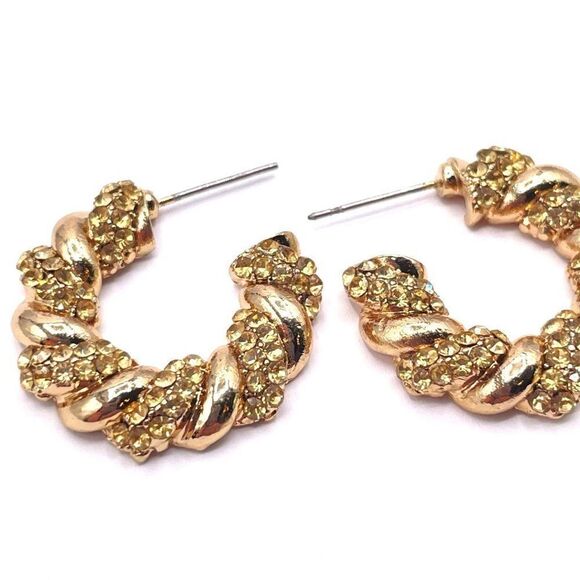 Yellow Gold with Champagne Crystal Twisted Rope Hoop Post Back Earrings - Picture 4 of 6